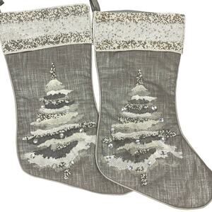 Pier-One Silver Beaded Christmas Holiday Stockings Set of 2 EUC